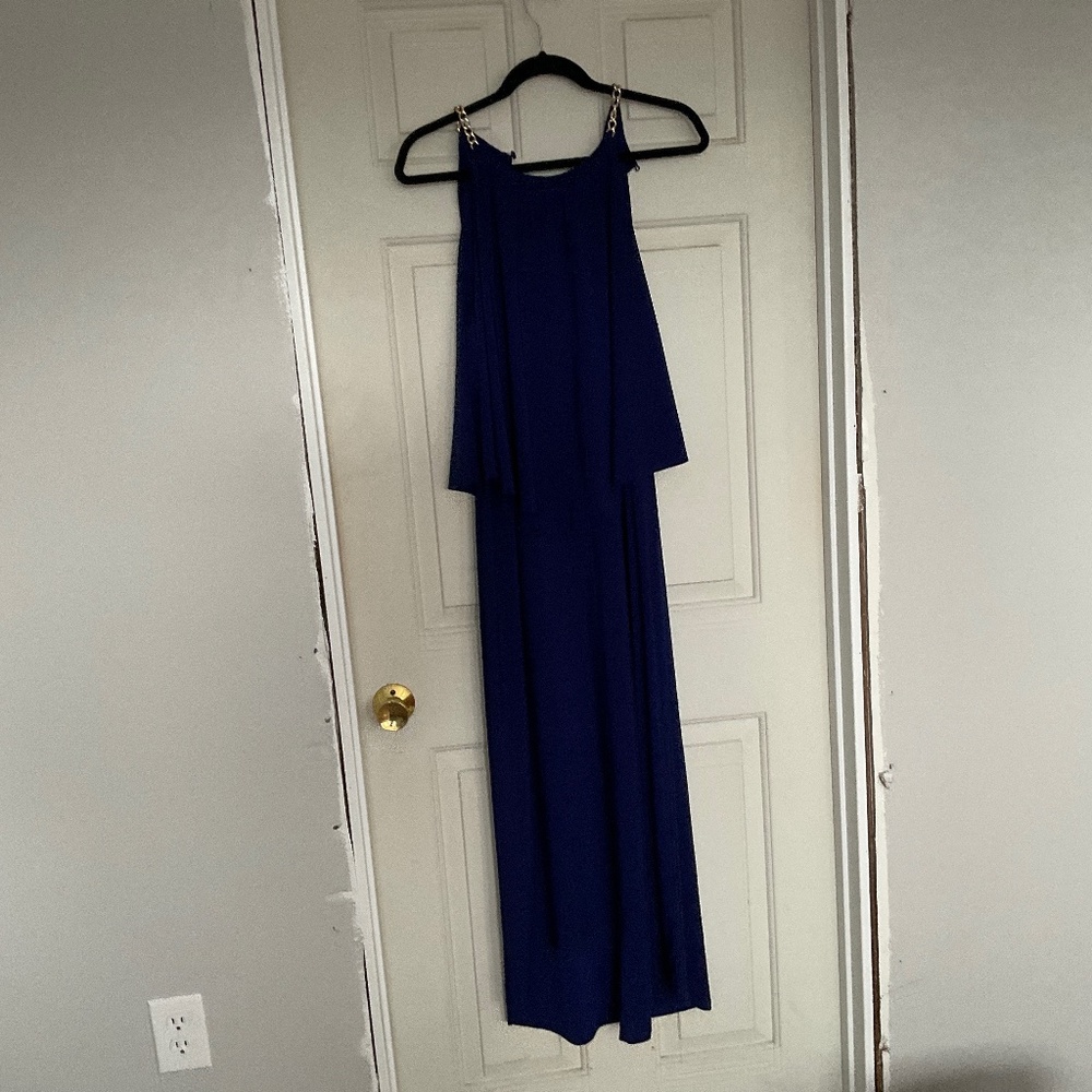 Cole Buxton Size 16 maxi Dress Blue with gold shoulder.